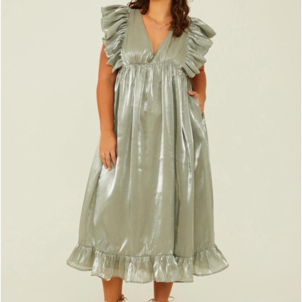 Arula Metallic Flutter Sleeve Dress